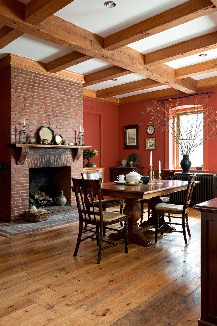 Cozy colonial room with a wooden table and brick fireplace