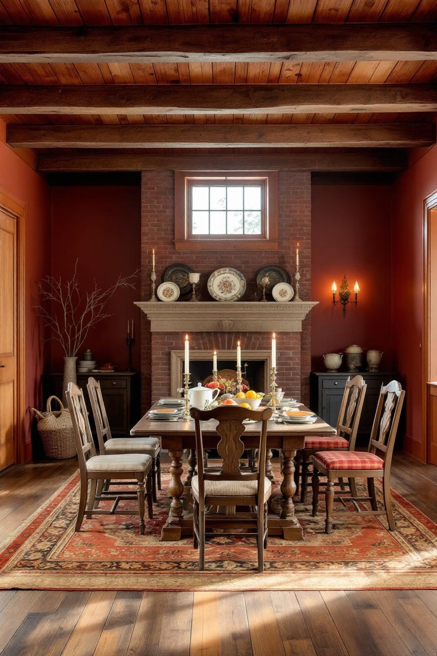 Colonial-style dining room with a brick fireplace