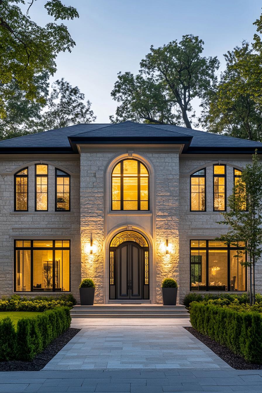 Illuminated stone house surrounded by trees