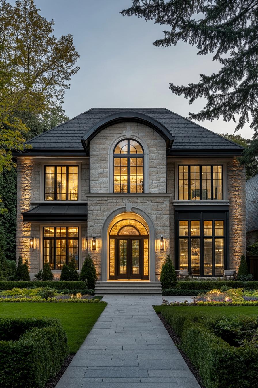 Chic stone mansion with glowing windows and arched doorway