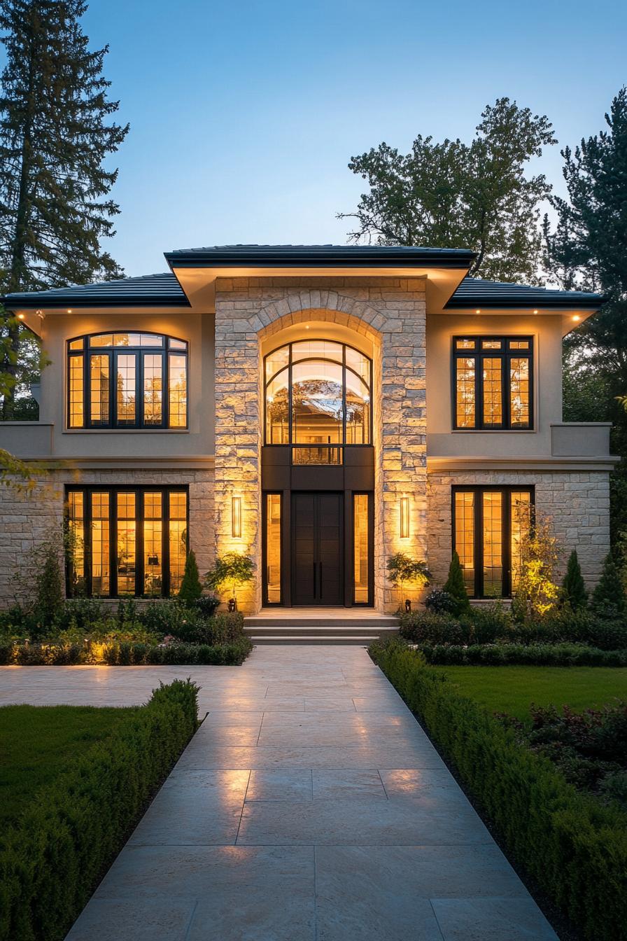 Classic luxury house with stone facade and large windows