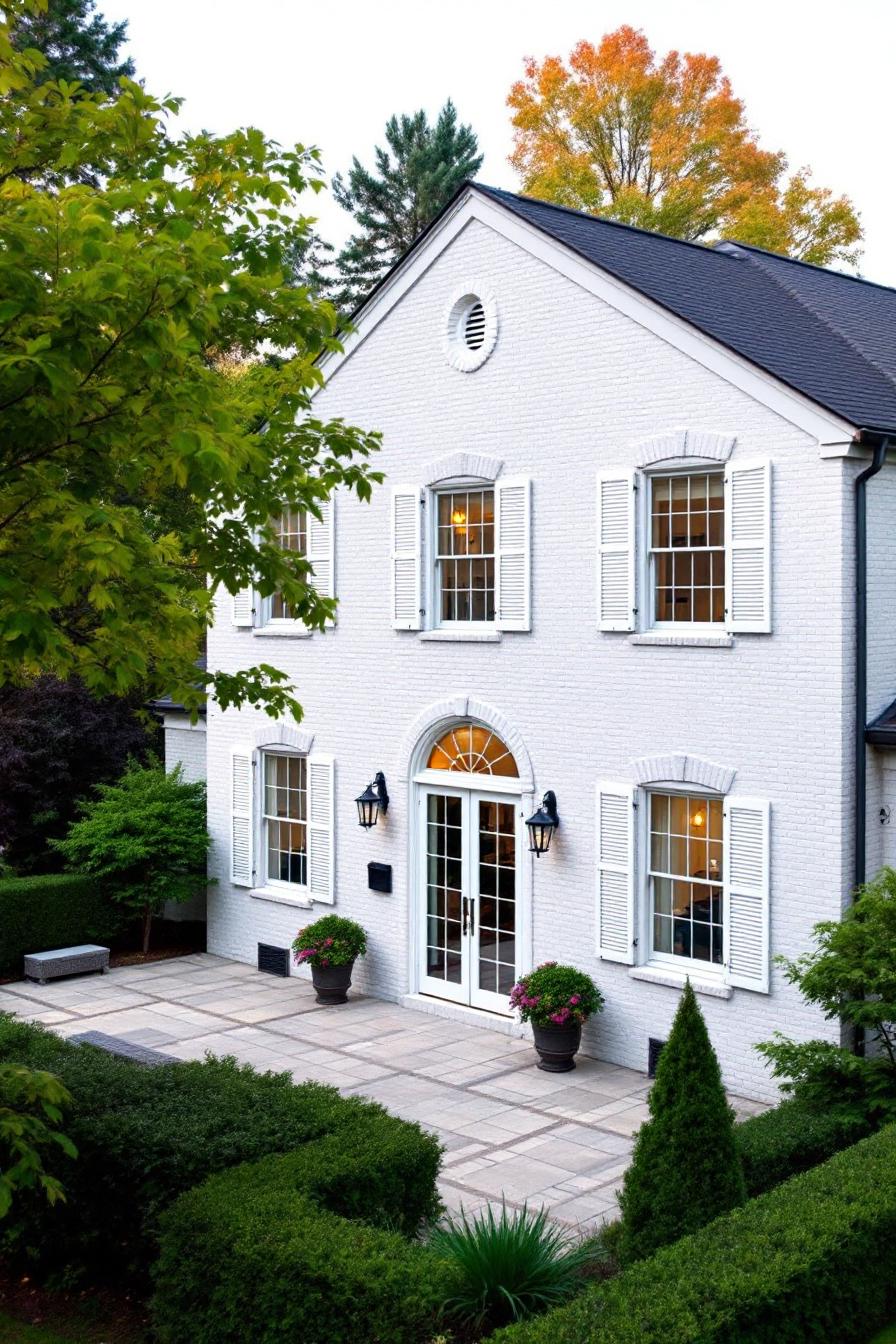 White brick Georgian house with lush greenery