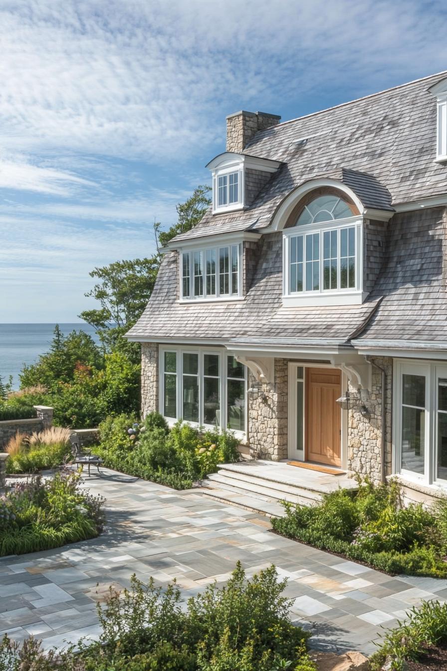 Stunning seaside stone house with large windows and lush garden