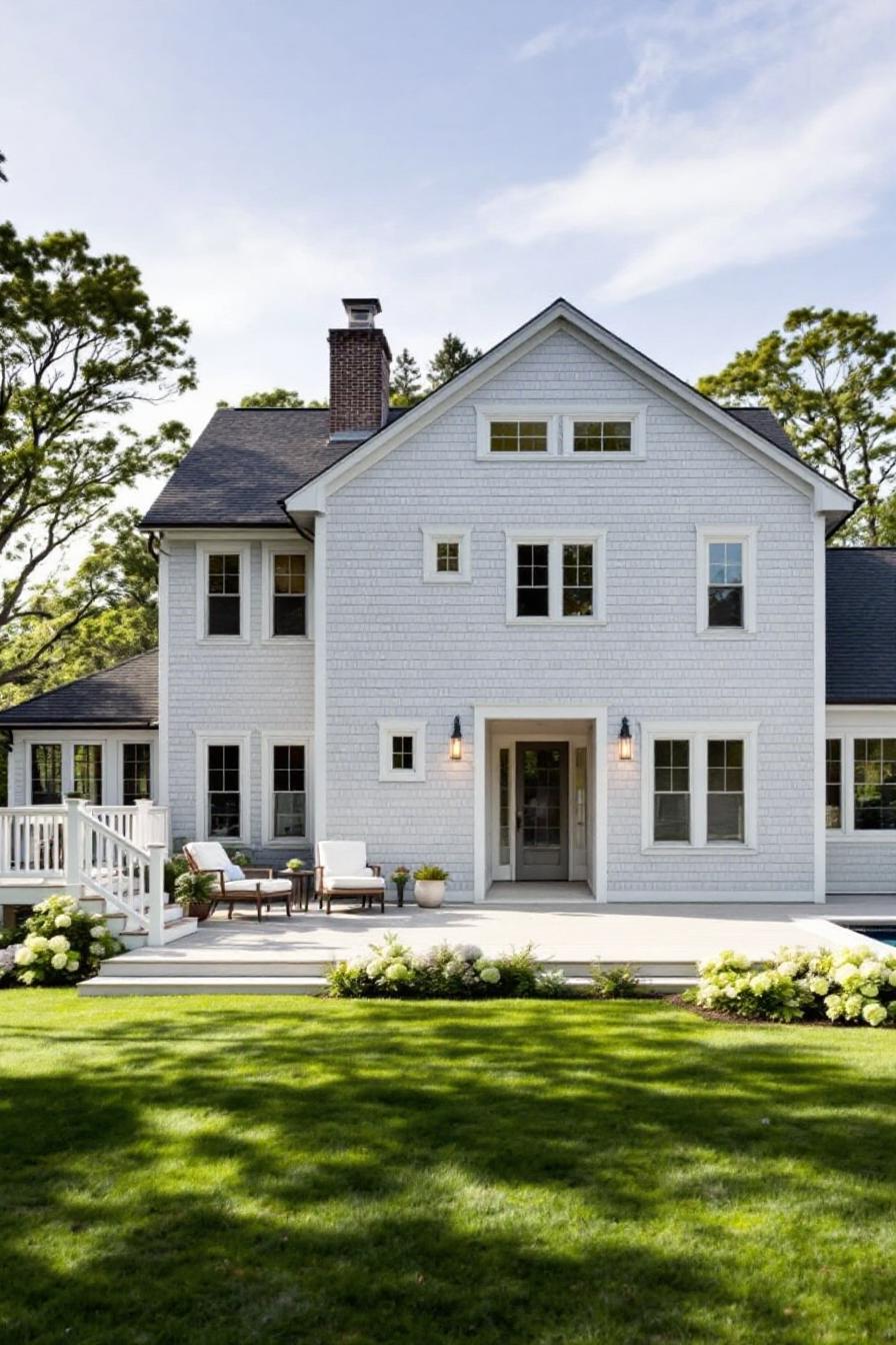 Elegant white house with a patio, surrounded by lush greenery