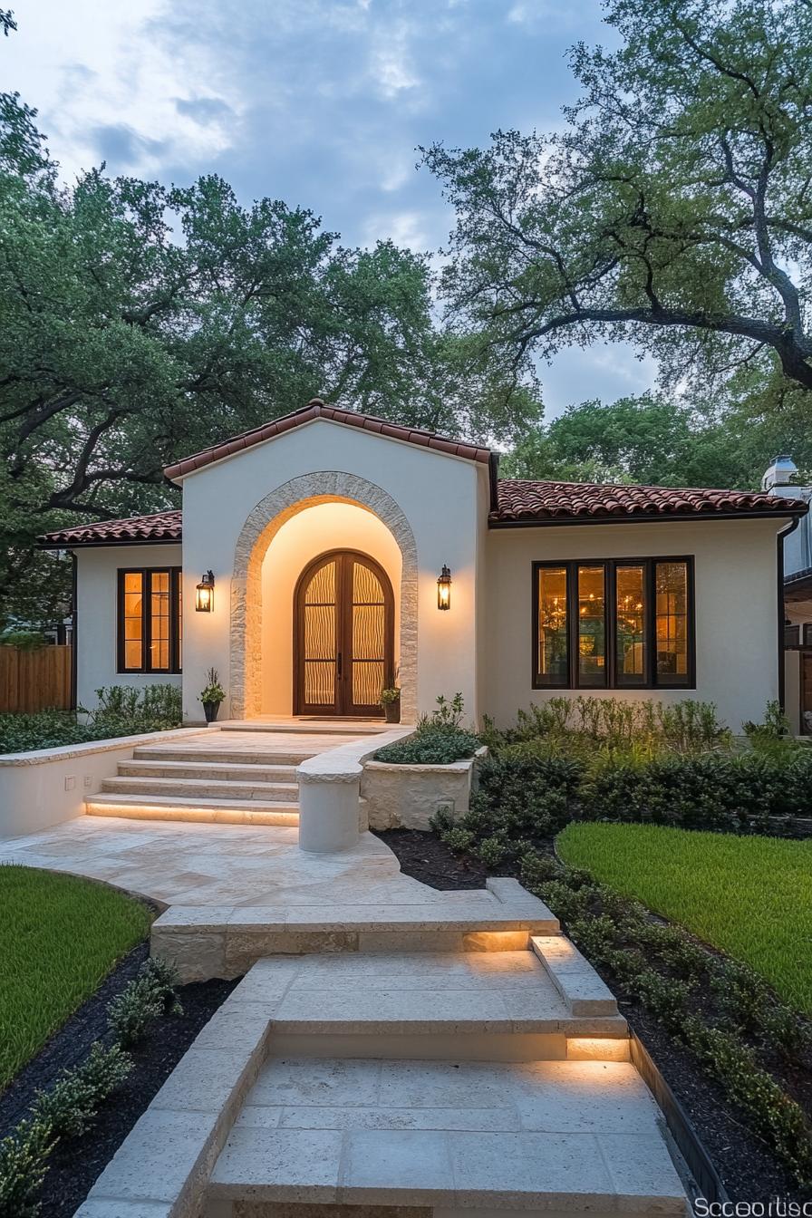 Brightly lit Spanish style bungalow with arched entrance