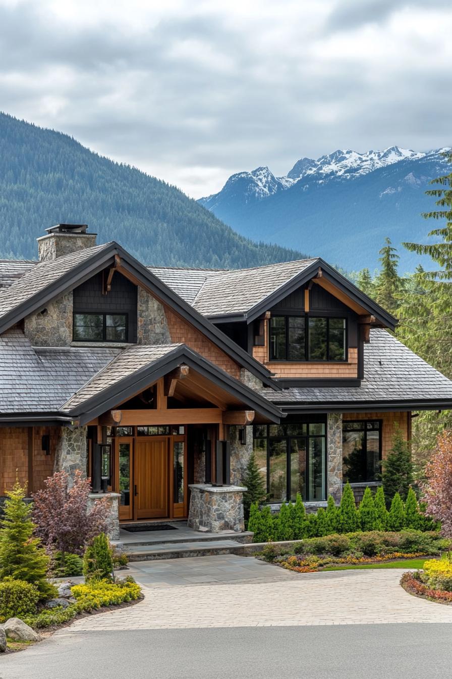 Mountain craftsman house with stone facade and forest backdrop