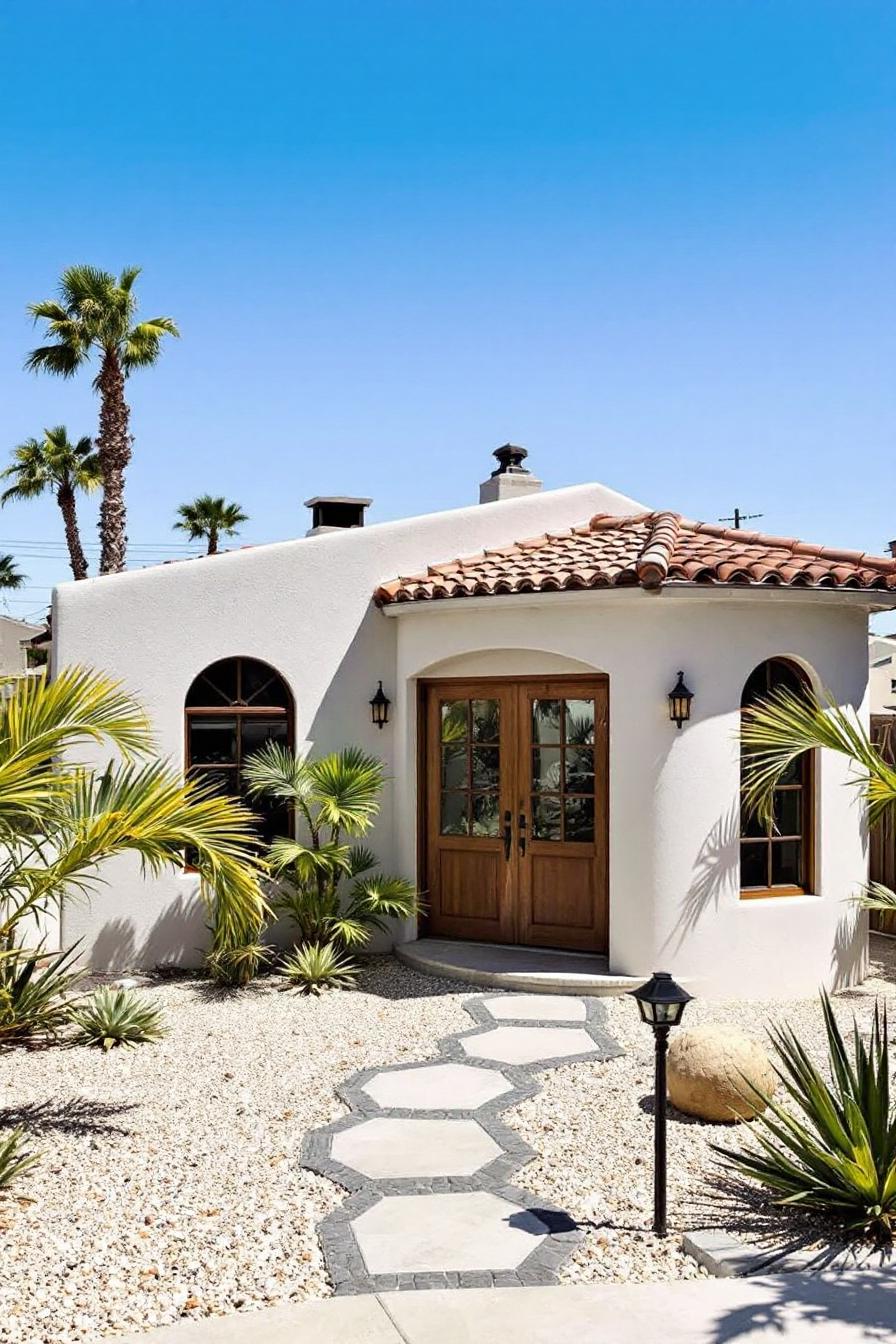 Spanish-style bungalow with palm trees and a blue sky