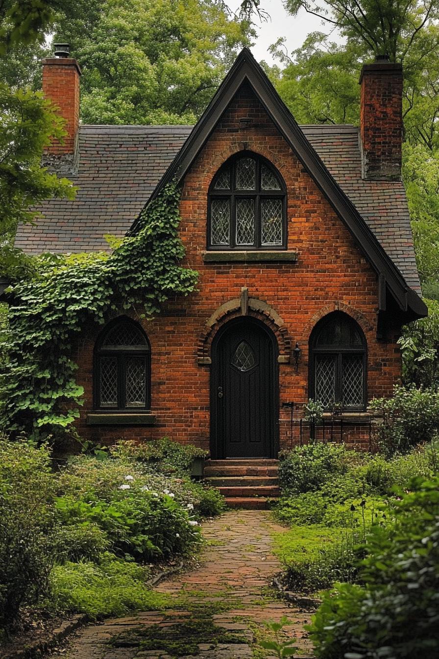 Cozy brick cottage with arched windows and ivy