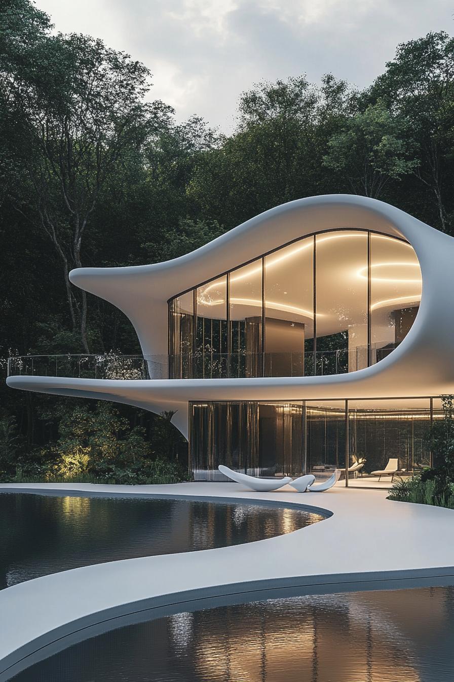 Futuristic house with curvy, sleek design by a reflective pond