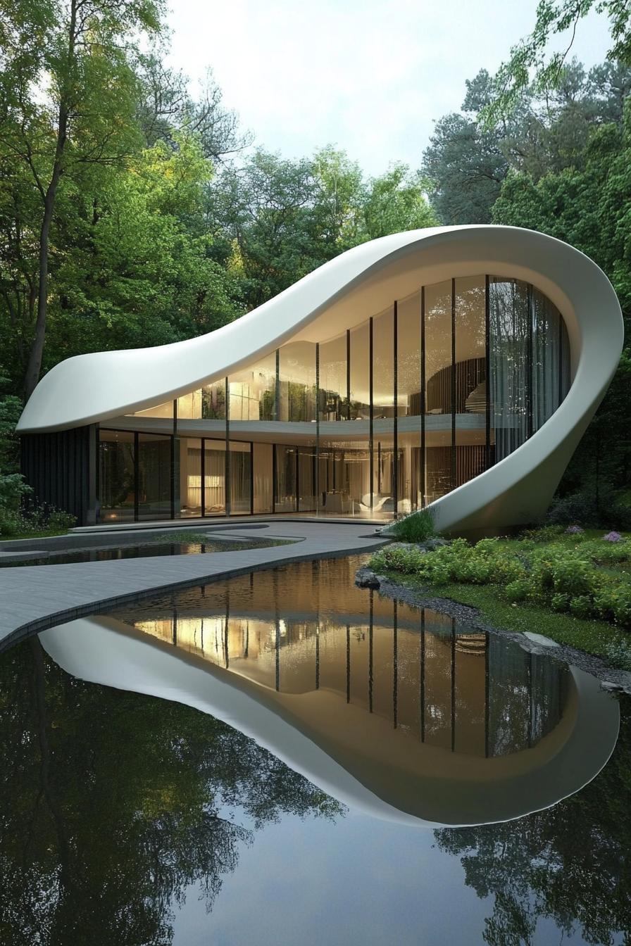 Sleek modern home with glass walls and curved white roof by a reflective pond