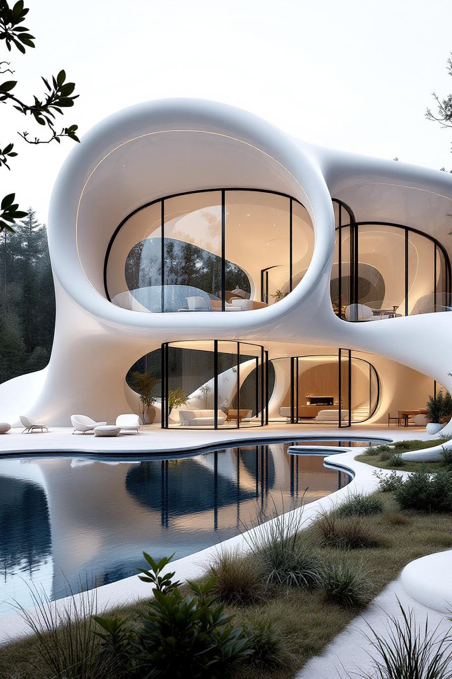 Futuristic home with fluid design and large glass windows