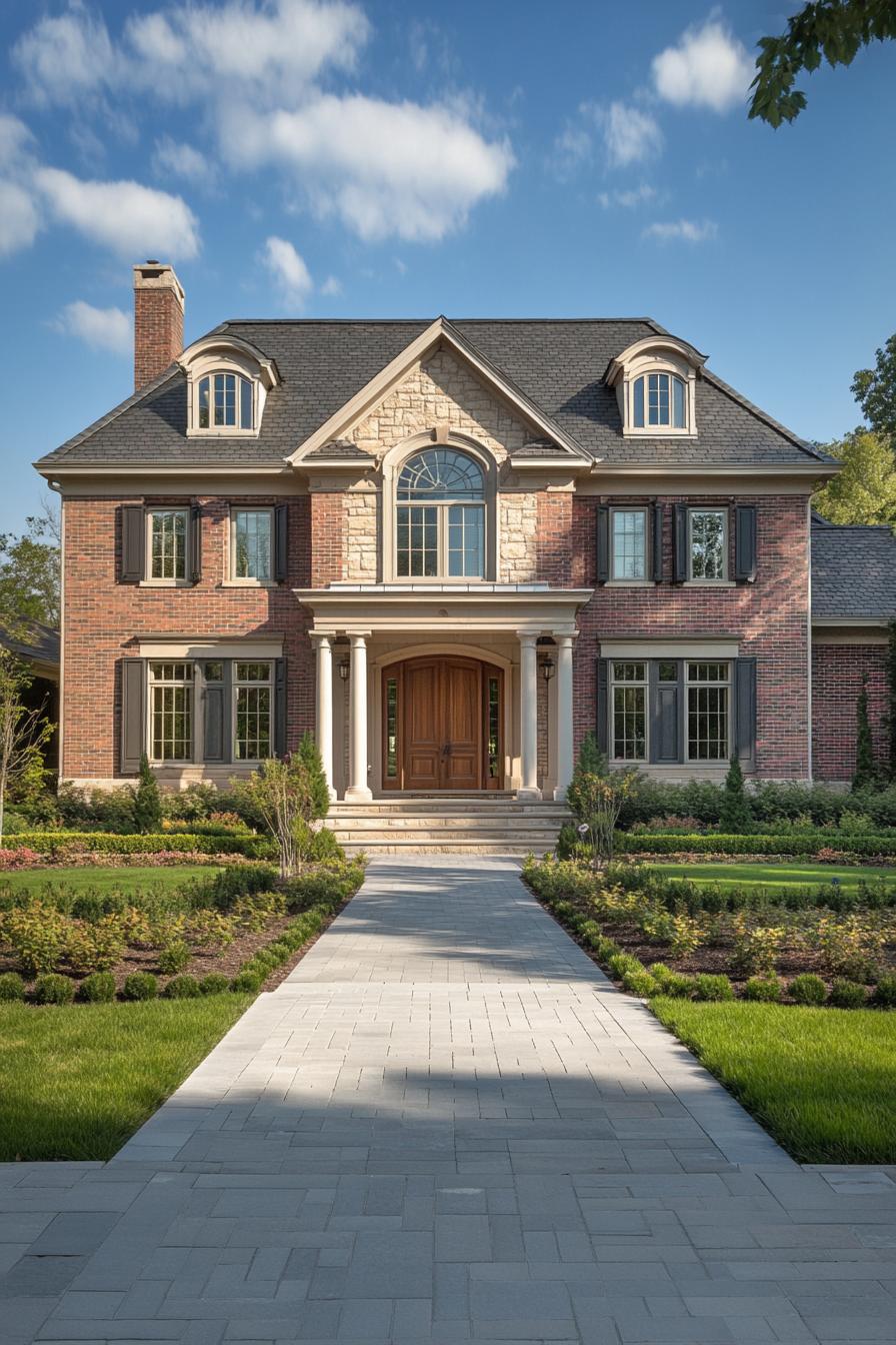 Elegant brick Georgian home with a manicured garden