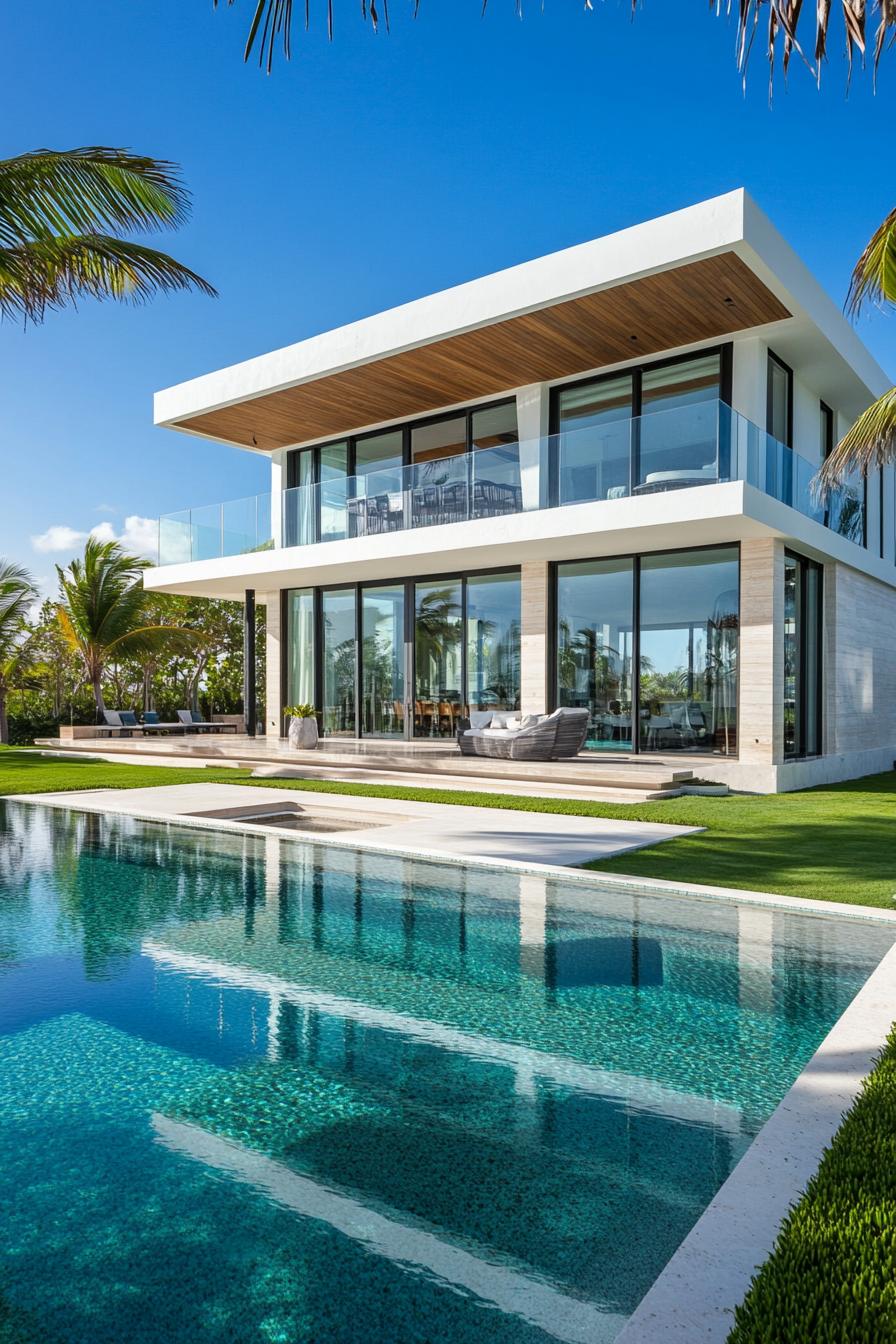 Luxurious beach house with a glass facade and a pool