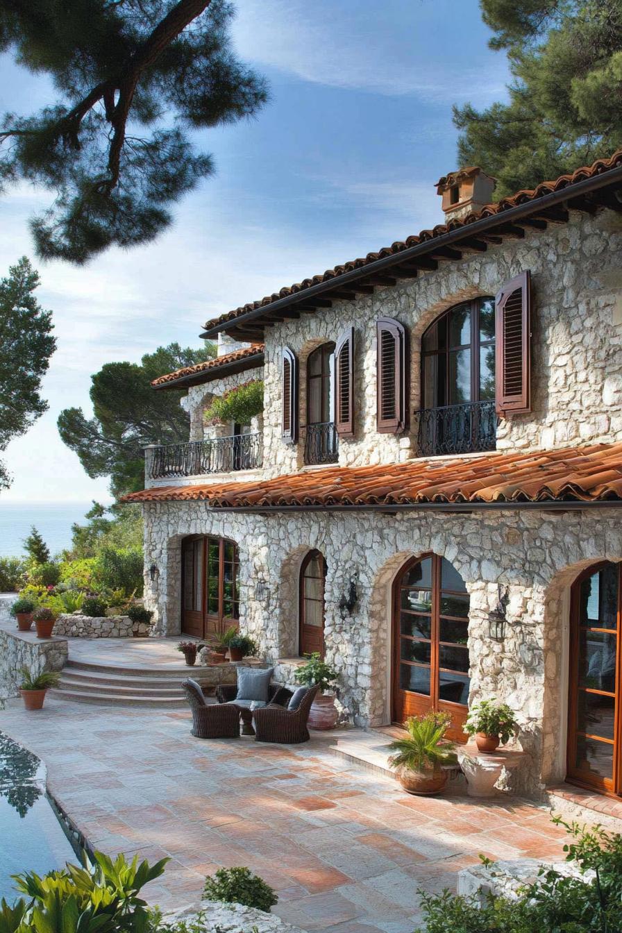 Rustic stone villa with arched windows and terrace