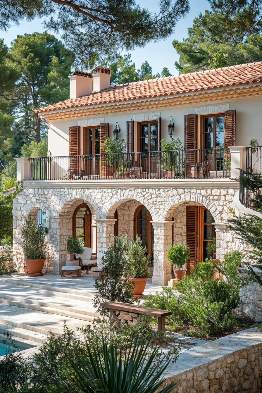 Stone villa with wooden shutters and lush foliage