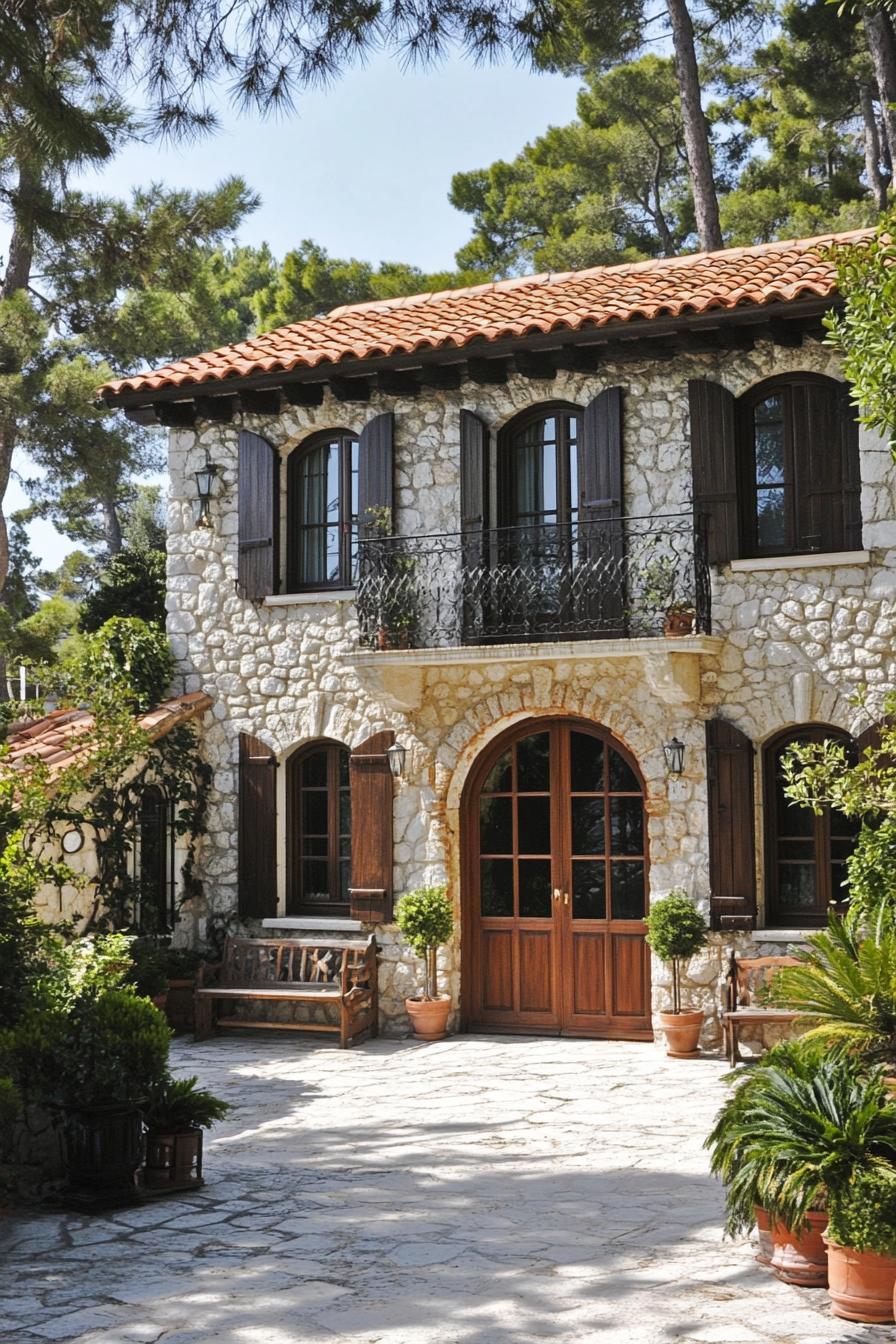 Rustic stone villa with arched doors and lush greenery