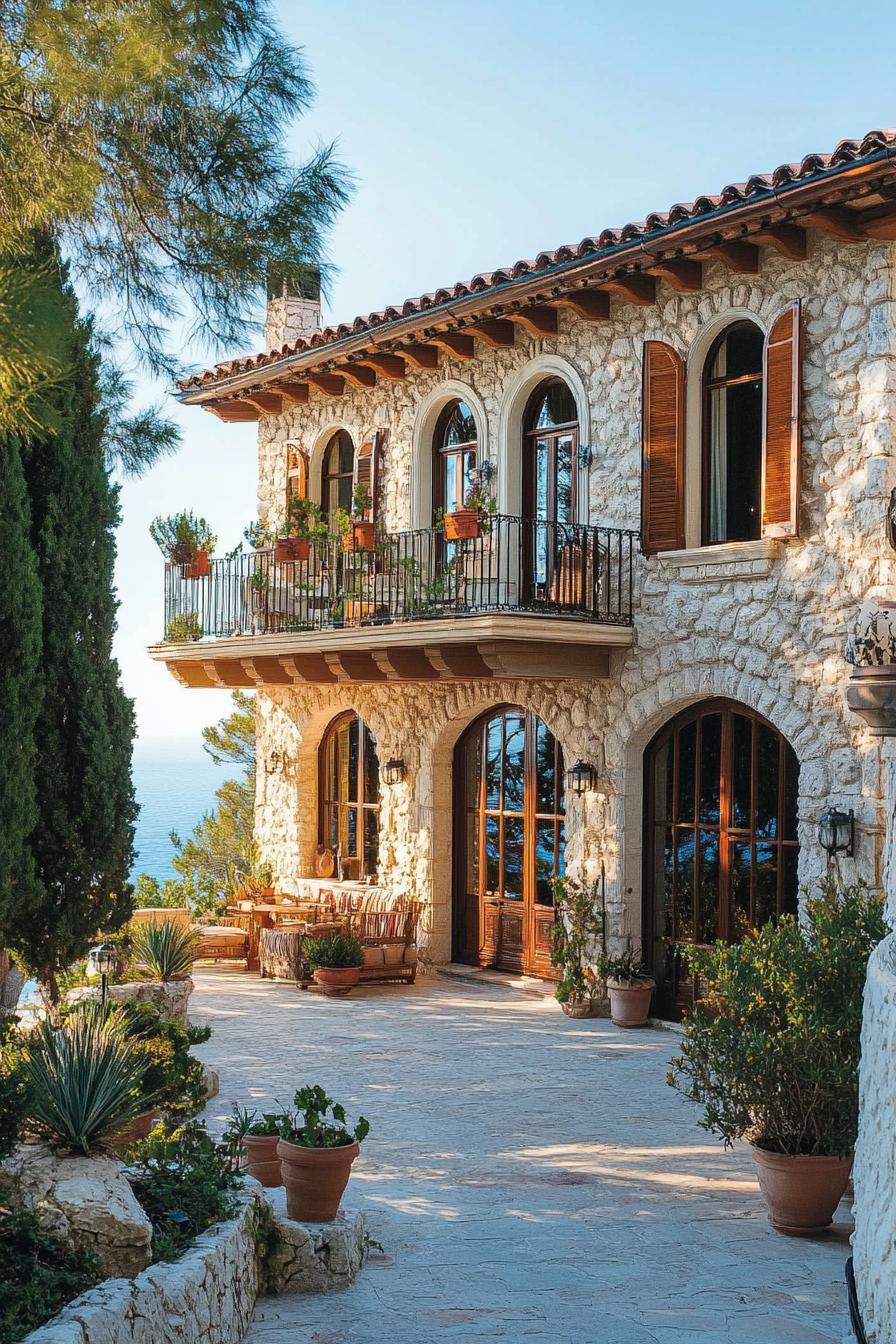 Charming stone villa with arched windows and lush greenery