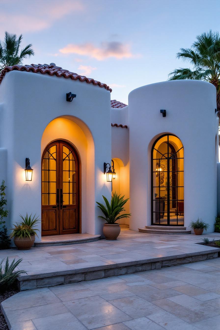 White stucco house with round towers at sunset