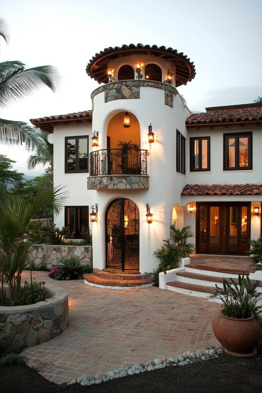 Charming Mexican house with stone balcony and palm trees