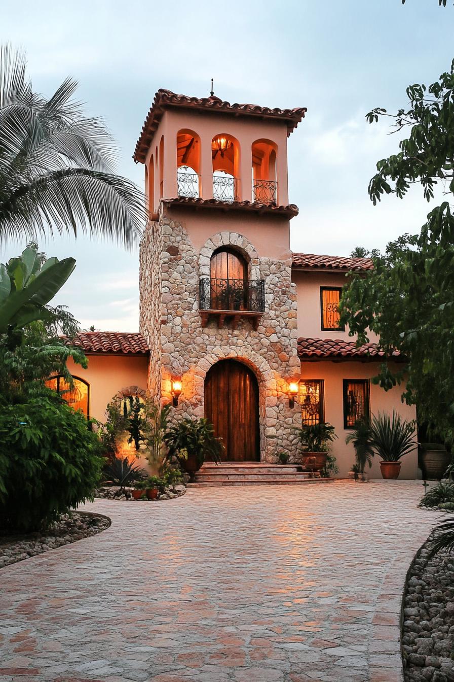 Stone tower house with warm lighting amidst lush greenery