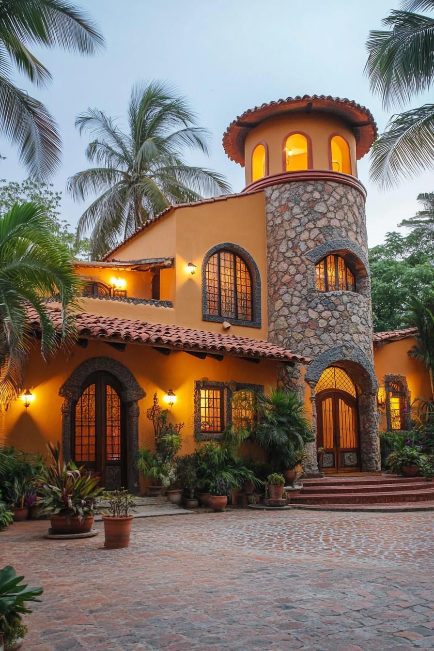 Mexican-style house with a stone tower and vivid colors, surrounded by palm trees