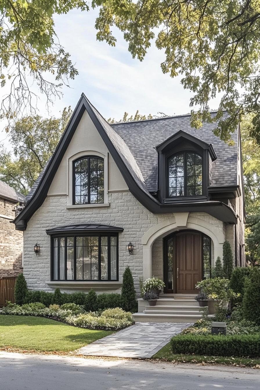 Charming stone house with black-trimmed windows and arched doorway