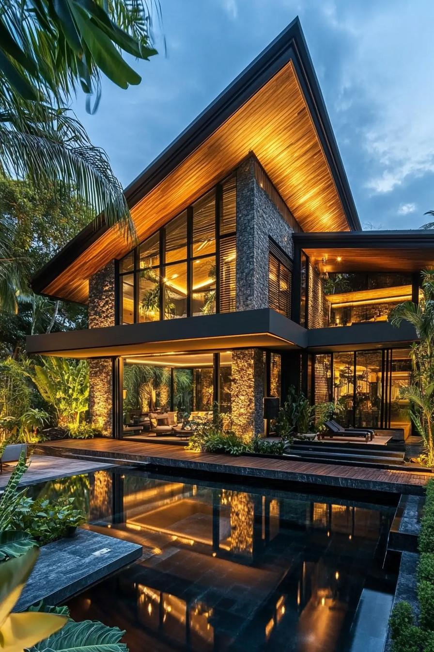 Modern Thai house with glass walls, wooden ceiling, and pool