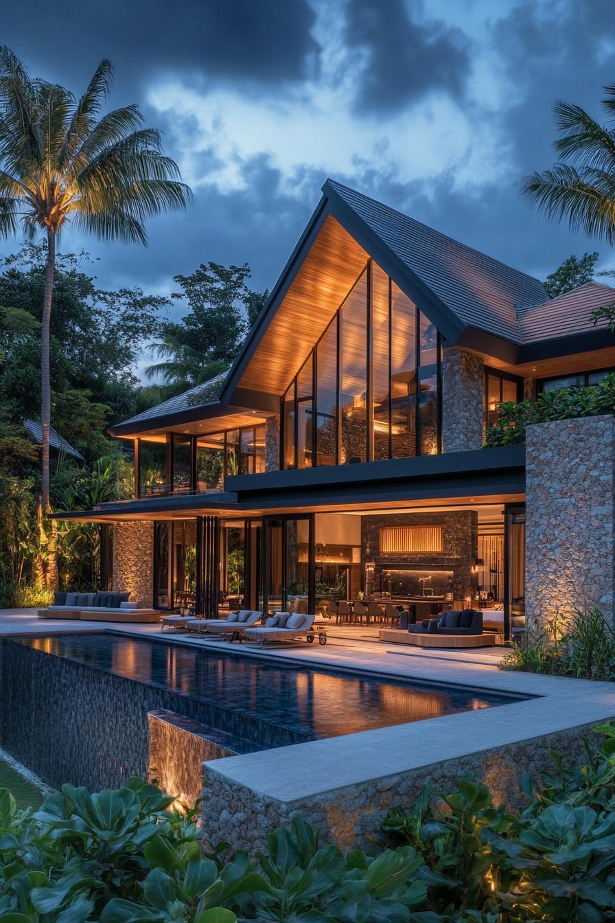 Modern Thai house with gabled roof and pool at dusk