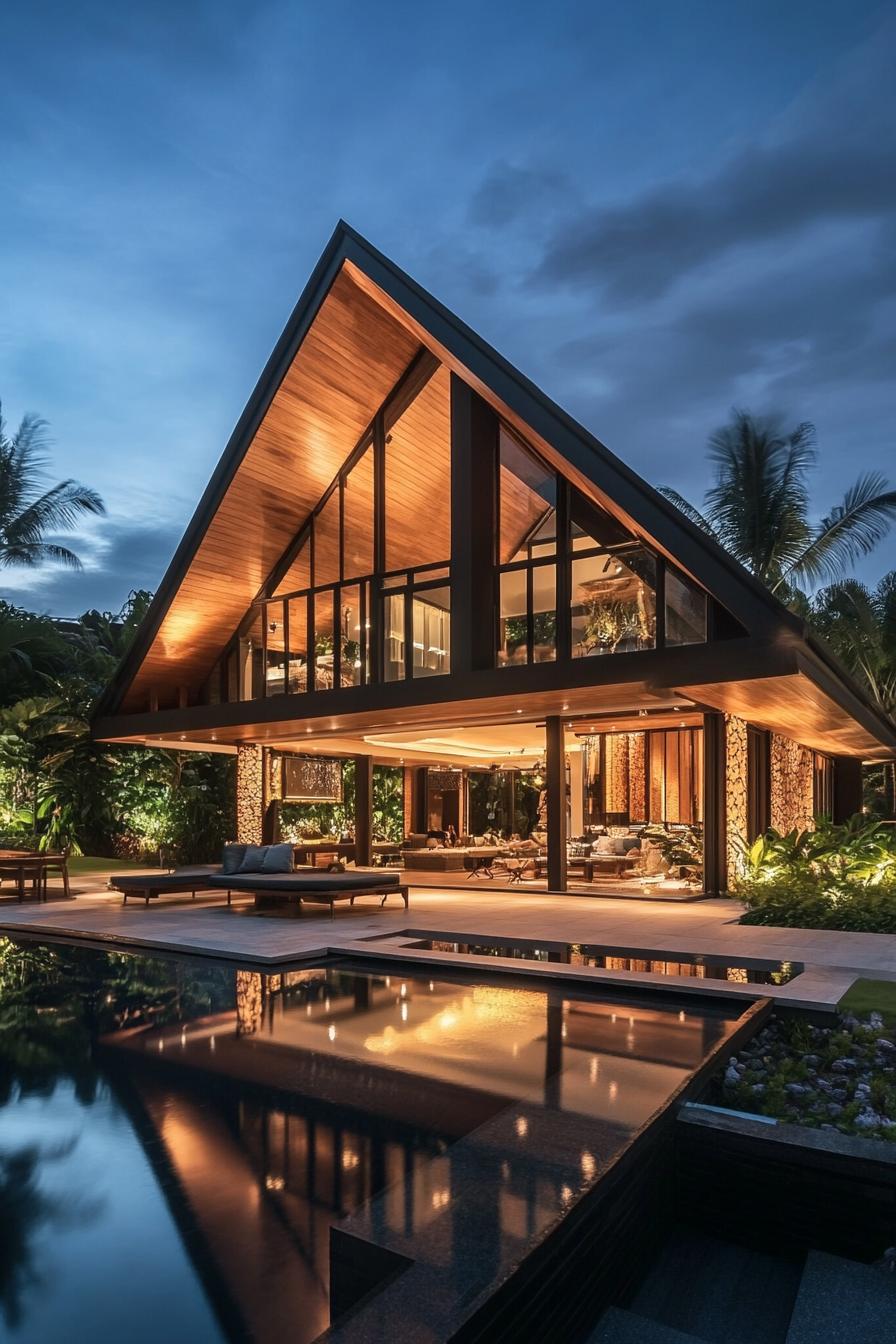 Modern Thai home with triangular roof and pool