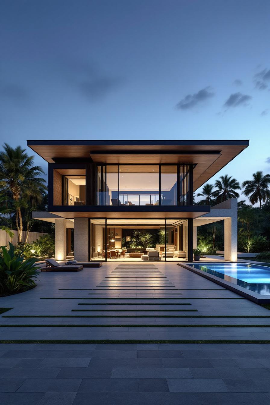 Modern Thai house with pool at dusk