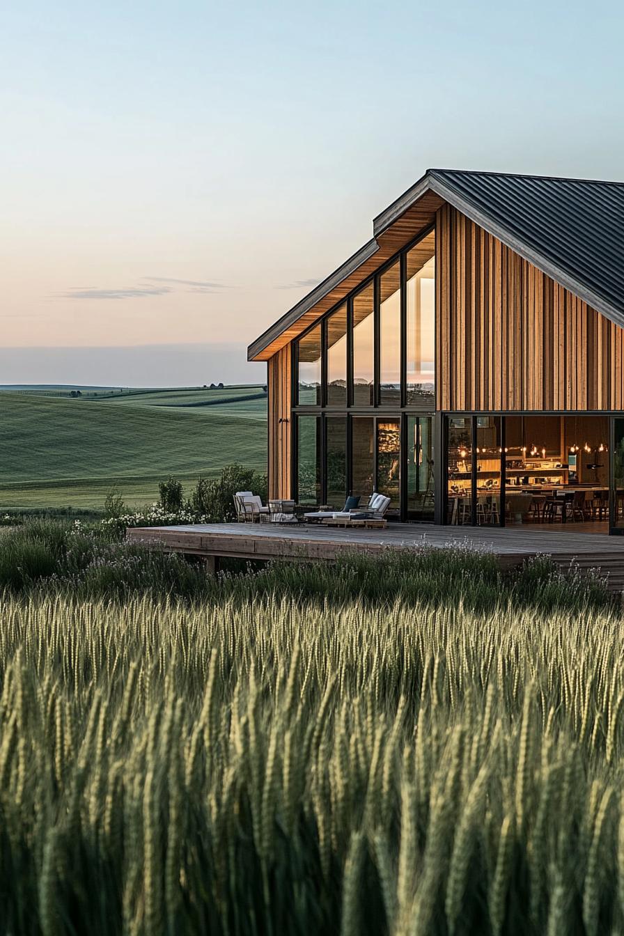 Barndominium with wood and glass facade in a green field