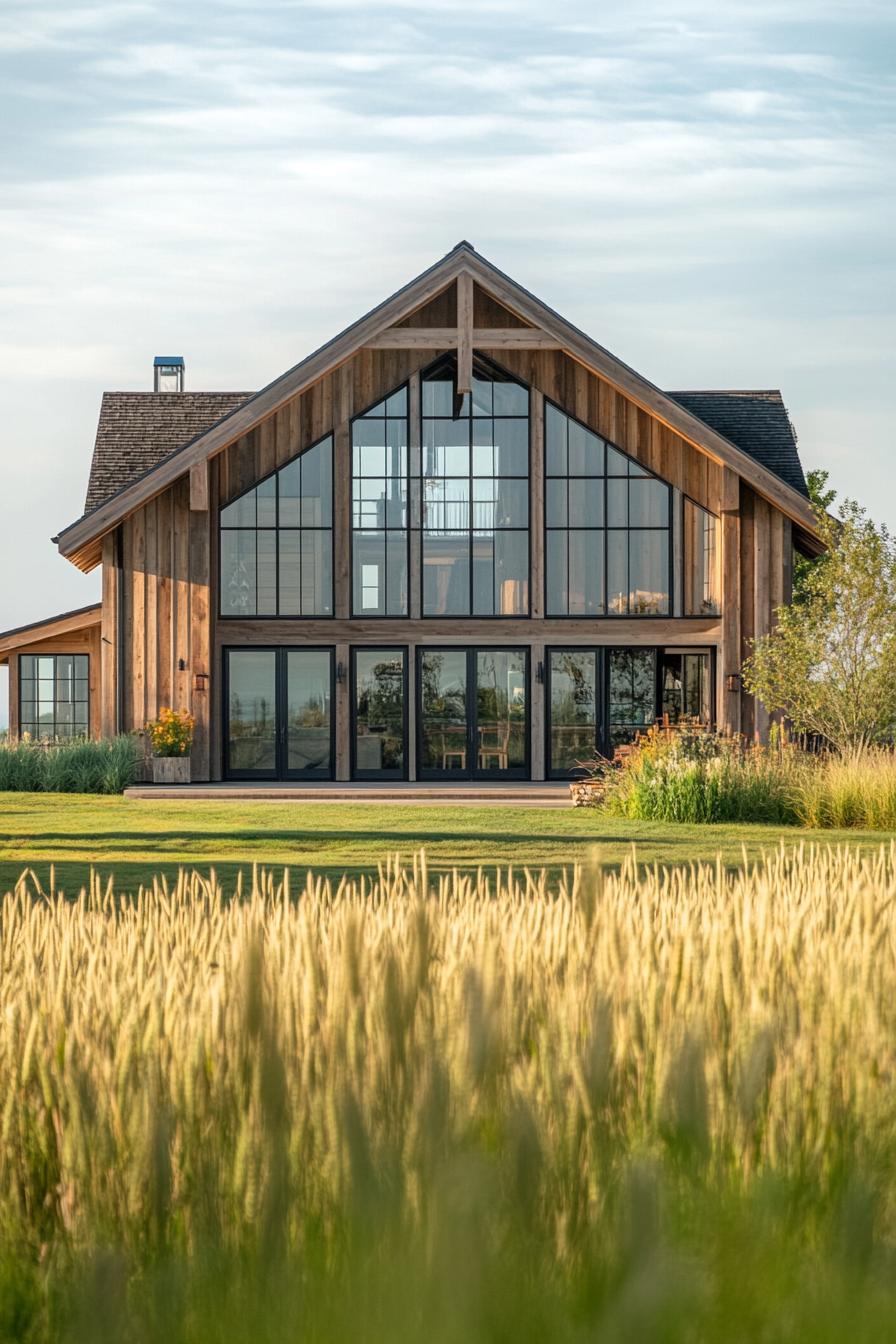 Modern barndominium gabled facade vertical wood siding extensive glass panel sections gable roof large sliding barn style glass doors open deck 2