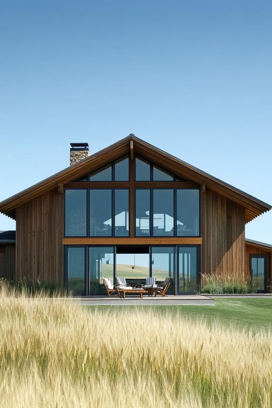 Wooden house with large glass panels and a gabled roof