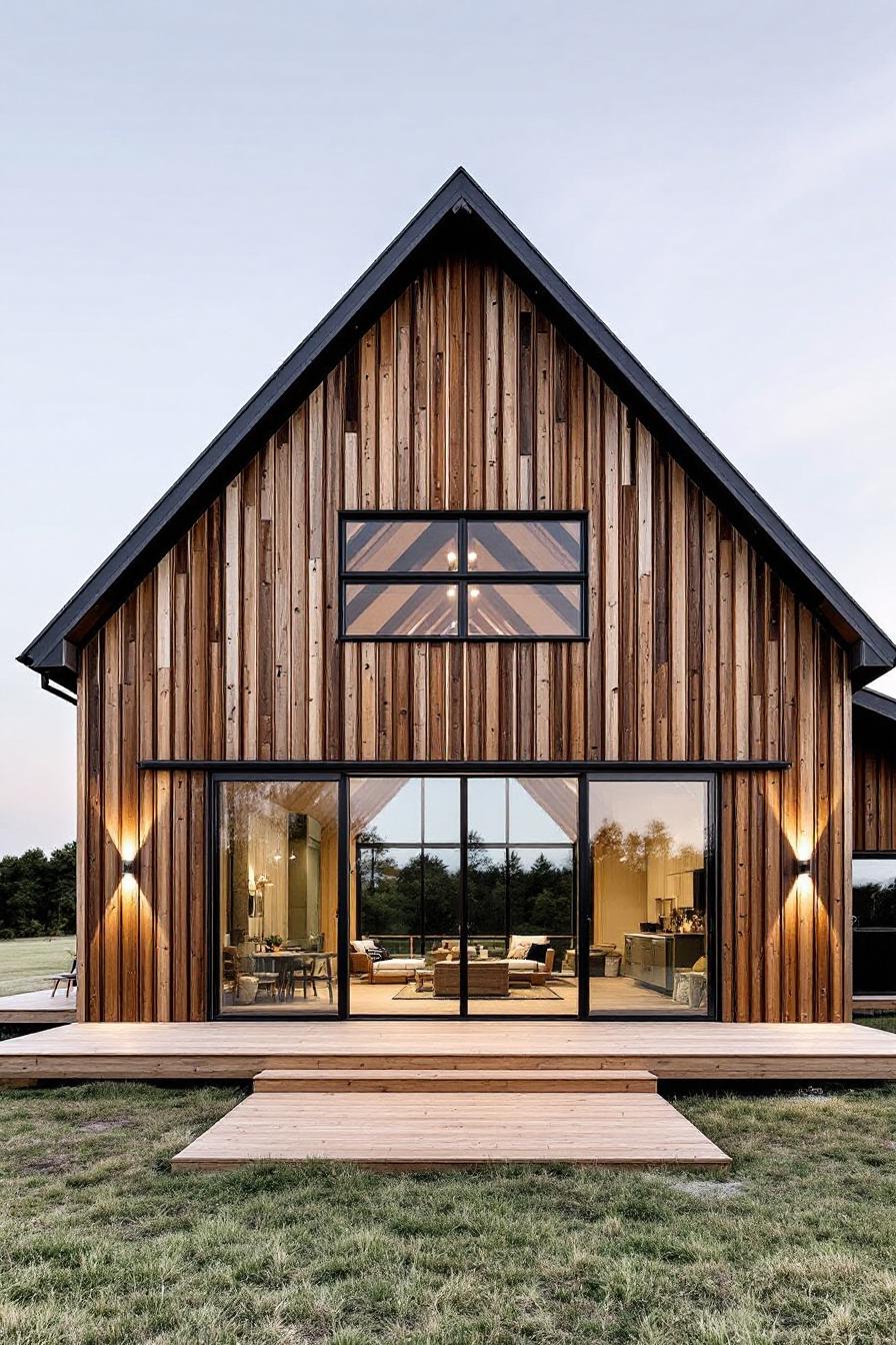 Wooden house with A-frame design and large glass panels