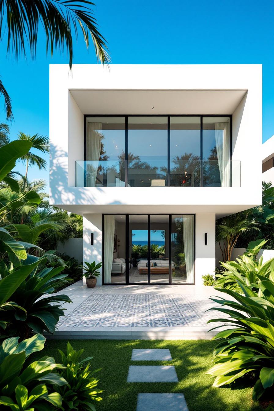 Modern beach house with large glass windows and lush greenery