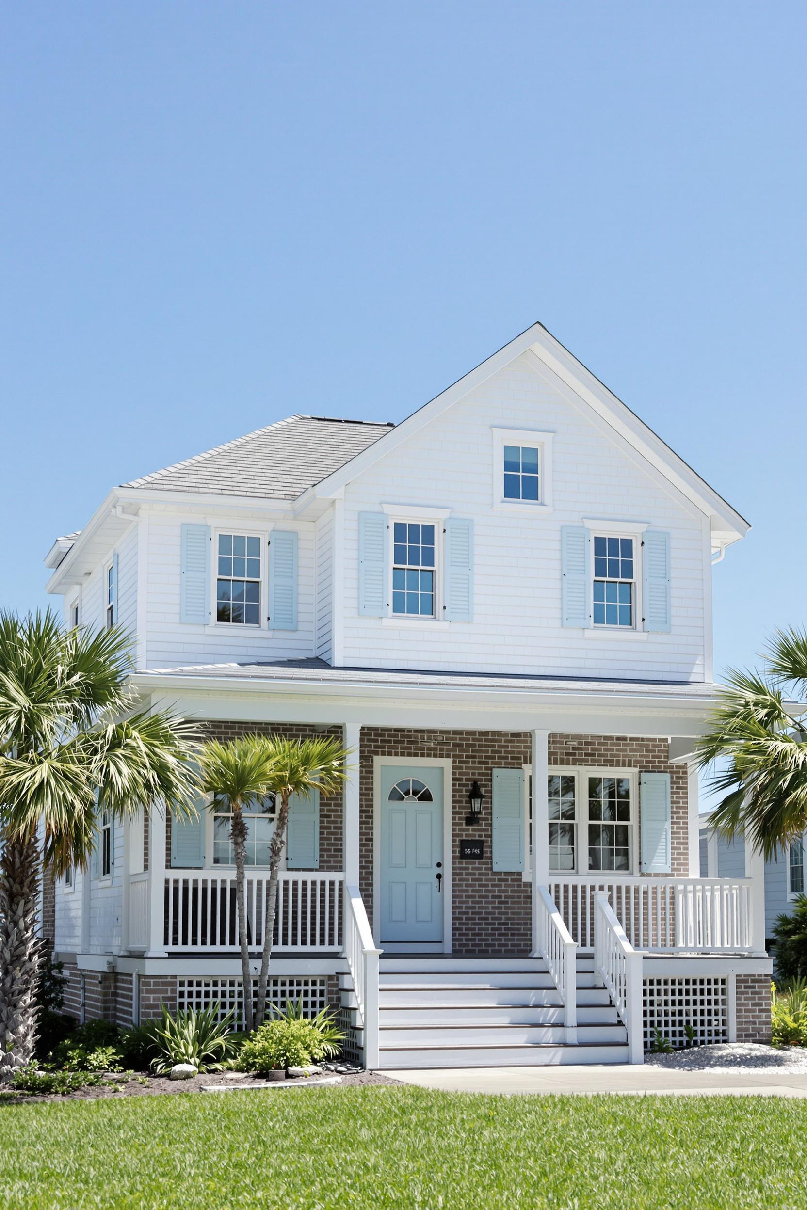 White and brick beach house with light blue accents and palm trees