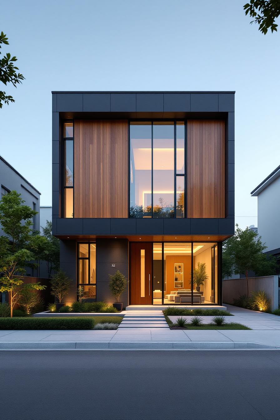 Modern house with a wooden front facade and large windows