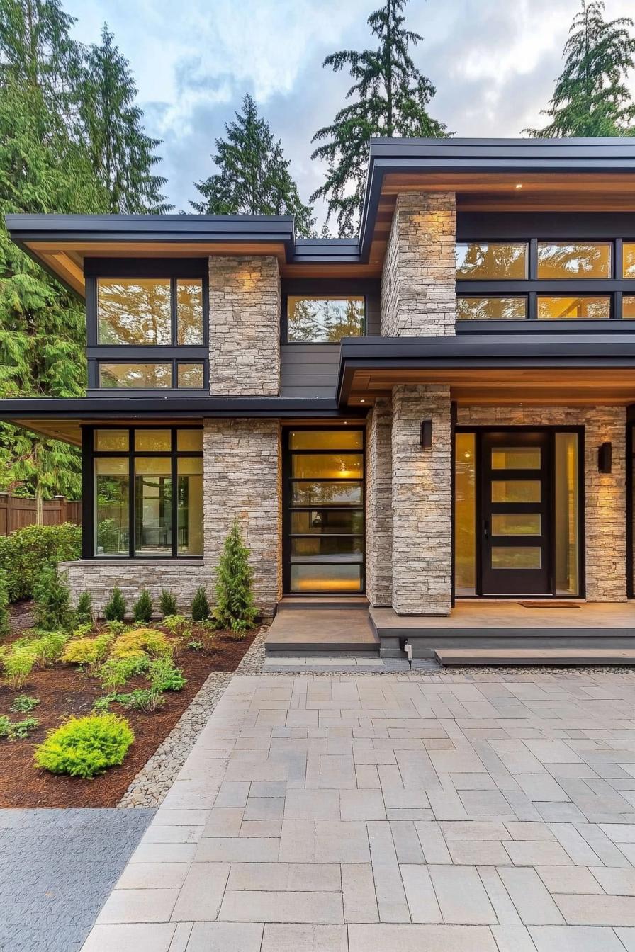 Modern house with stone facade and large windows