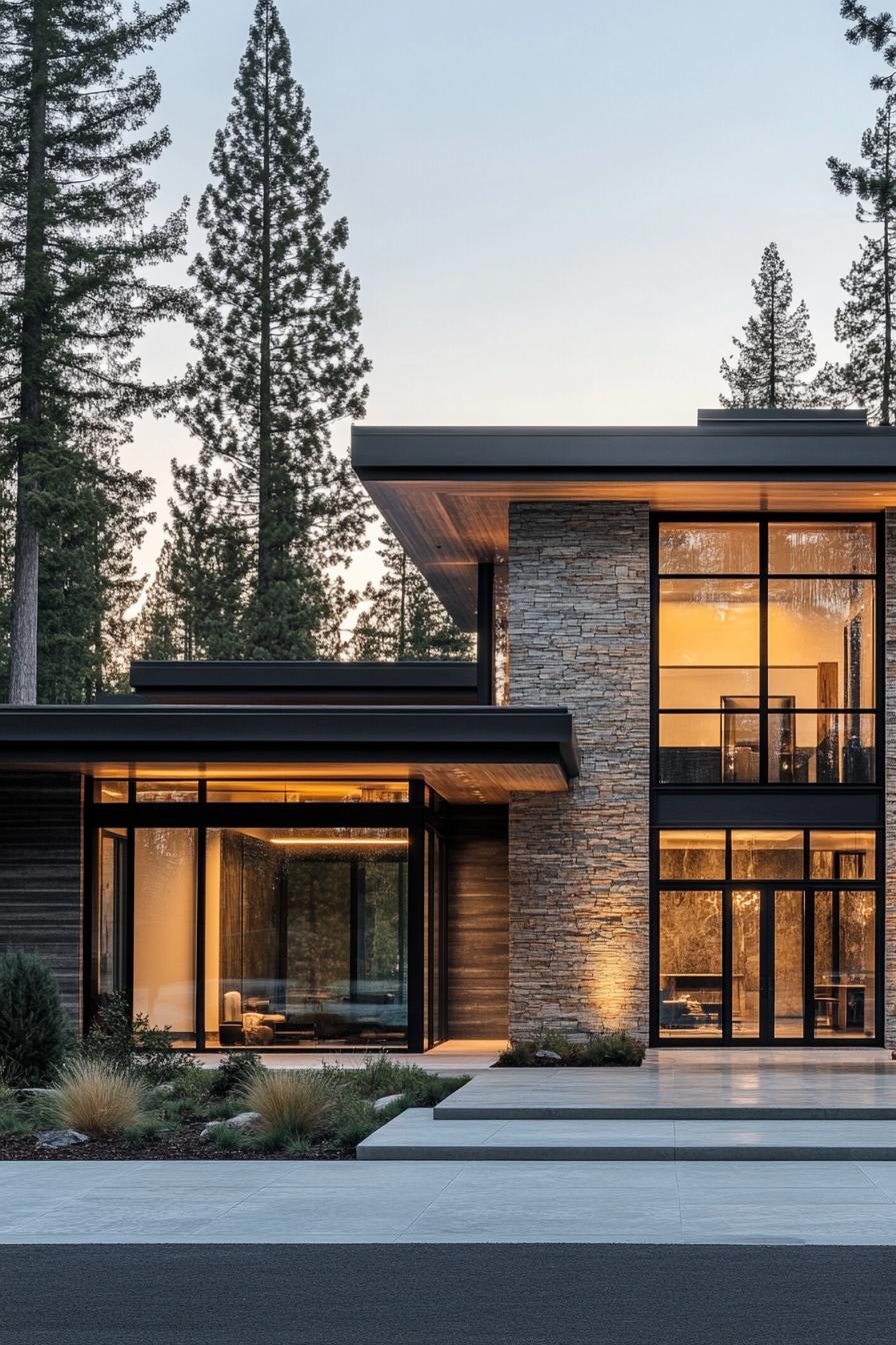 Modern house with large glass windows and stone facade