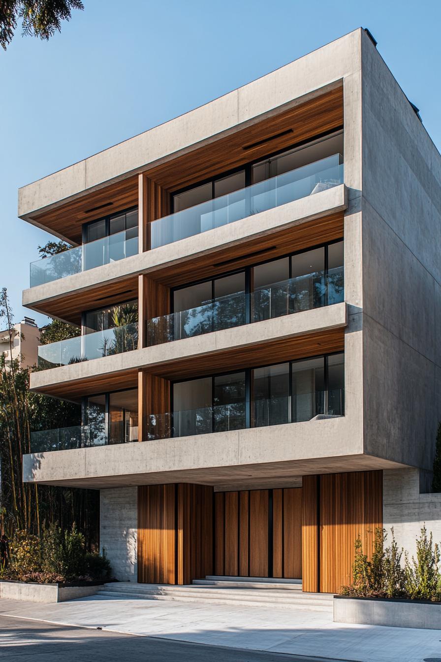 Modern residential building with wood accents and glass balconies