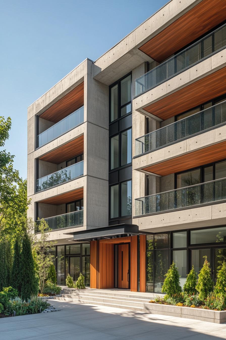 Modern residential building with glass balconies and wooden accents