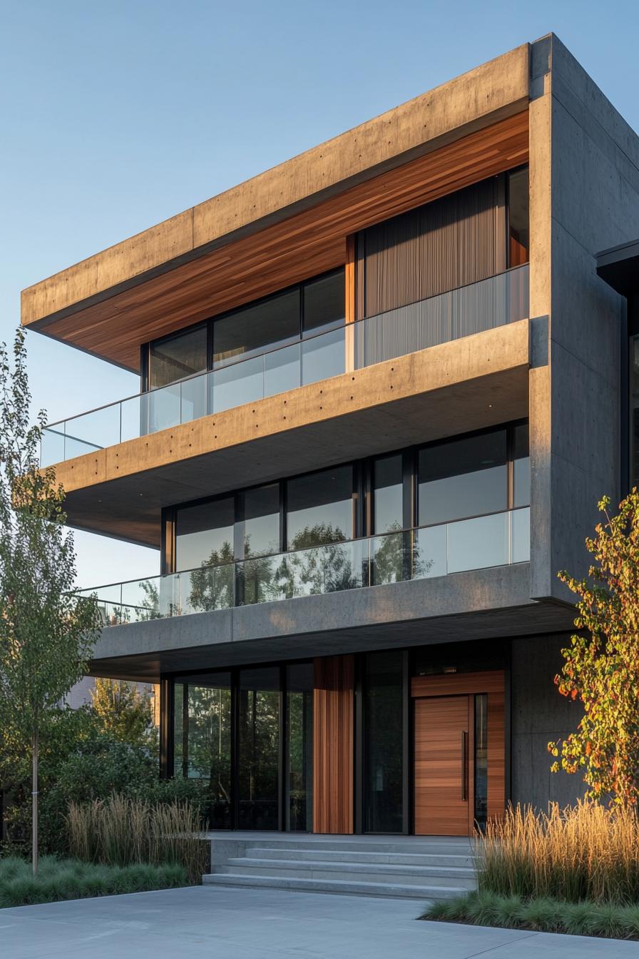 Modern building with concrete and glass facade, featuring wooden elements