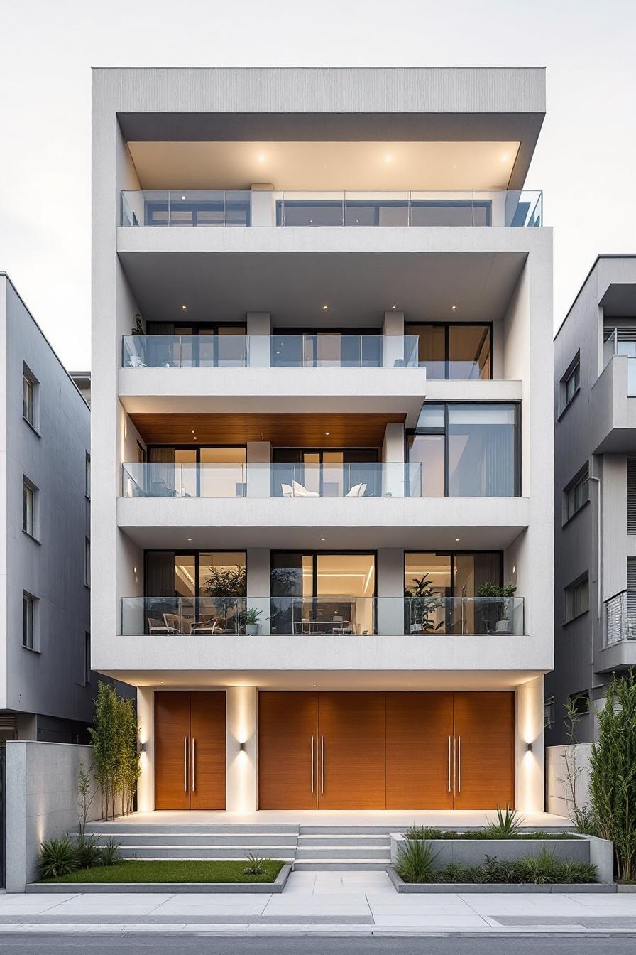 Modern multi-story building with wooden accents and glass balconies