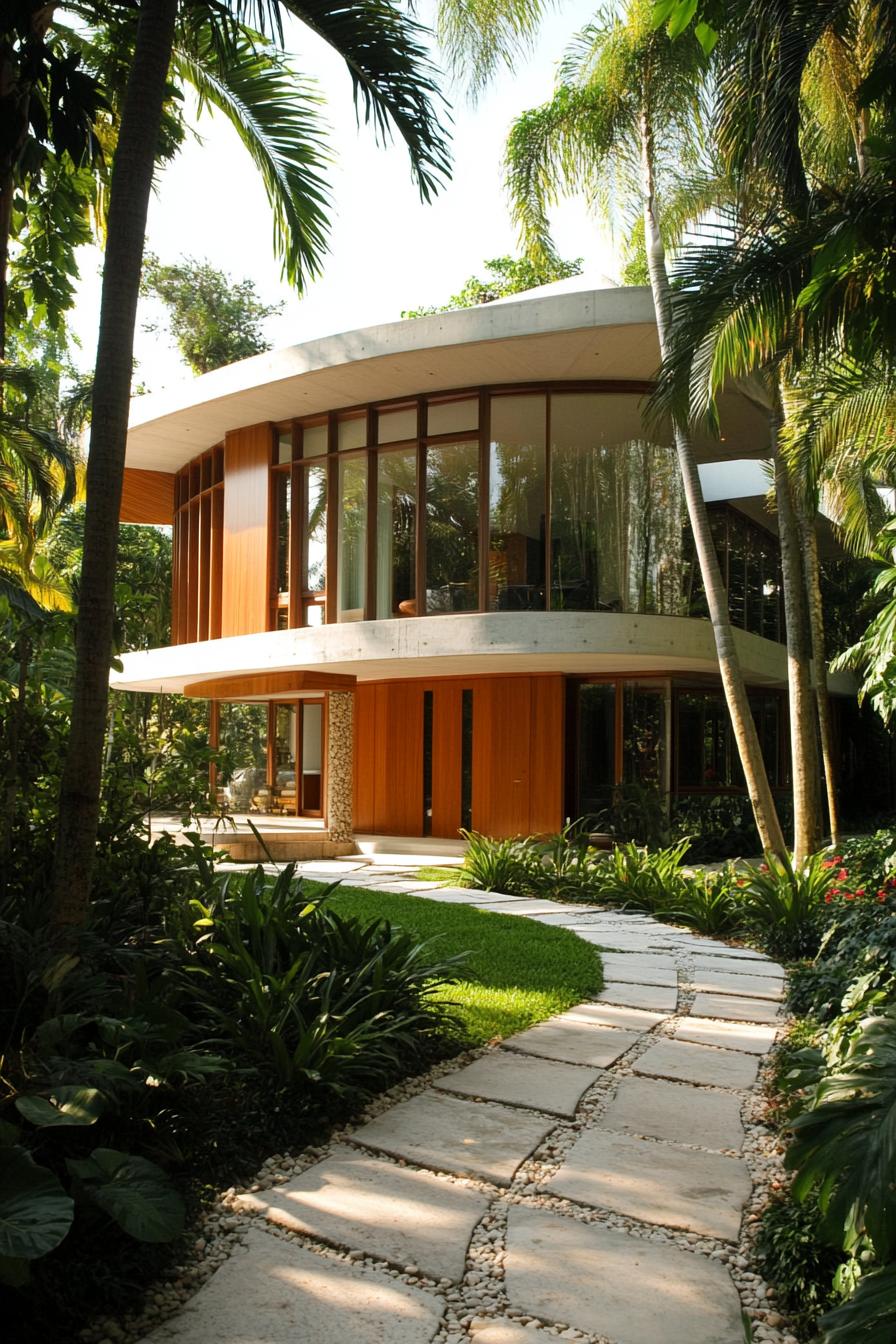 Tropical house with large glass windows surrounded by lush greenery