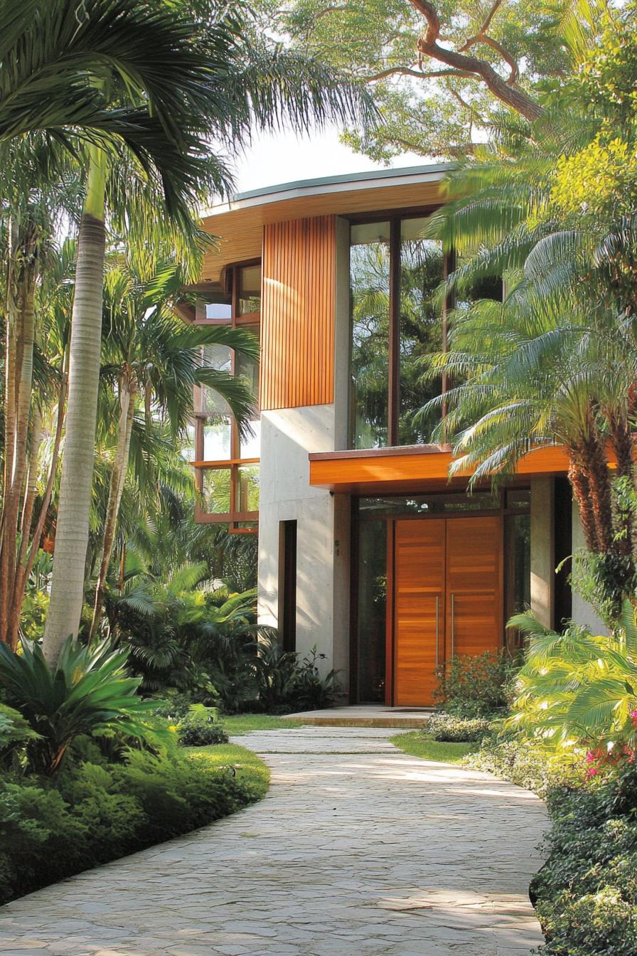 Tropical house with wooden elements surrounded by lush greenery