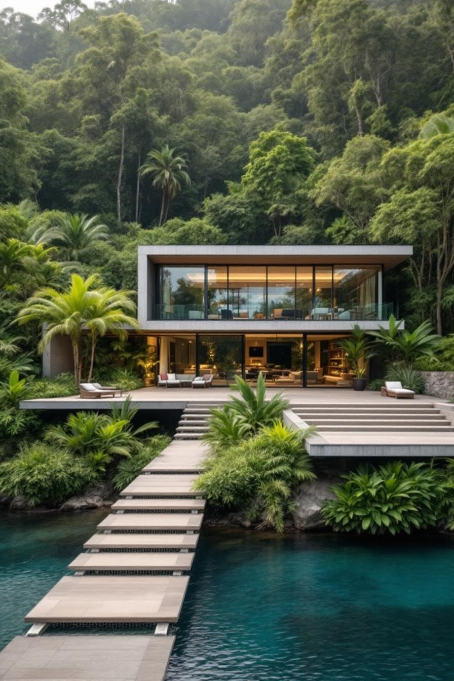 Modern tropical house surrounded by lush greenery