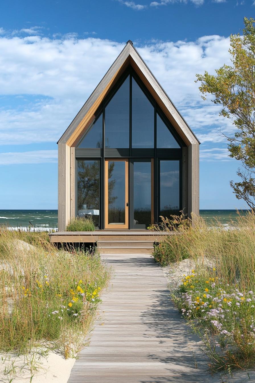 Small A-frame beach house nestled among sand dunes