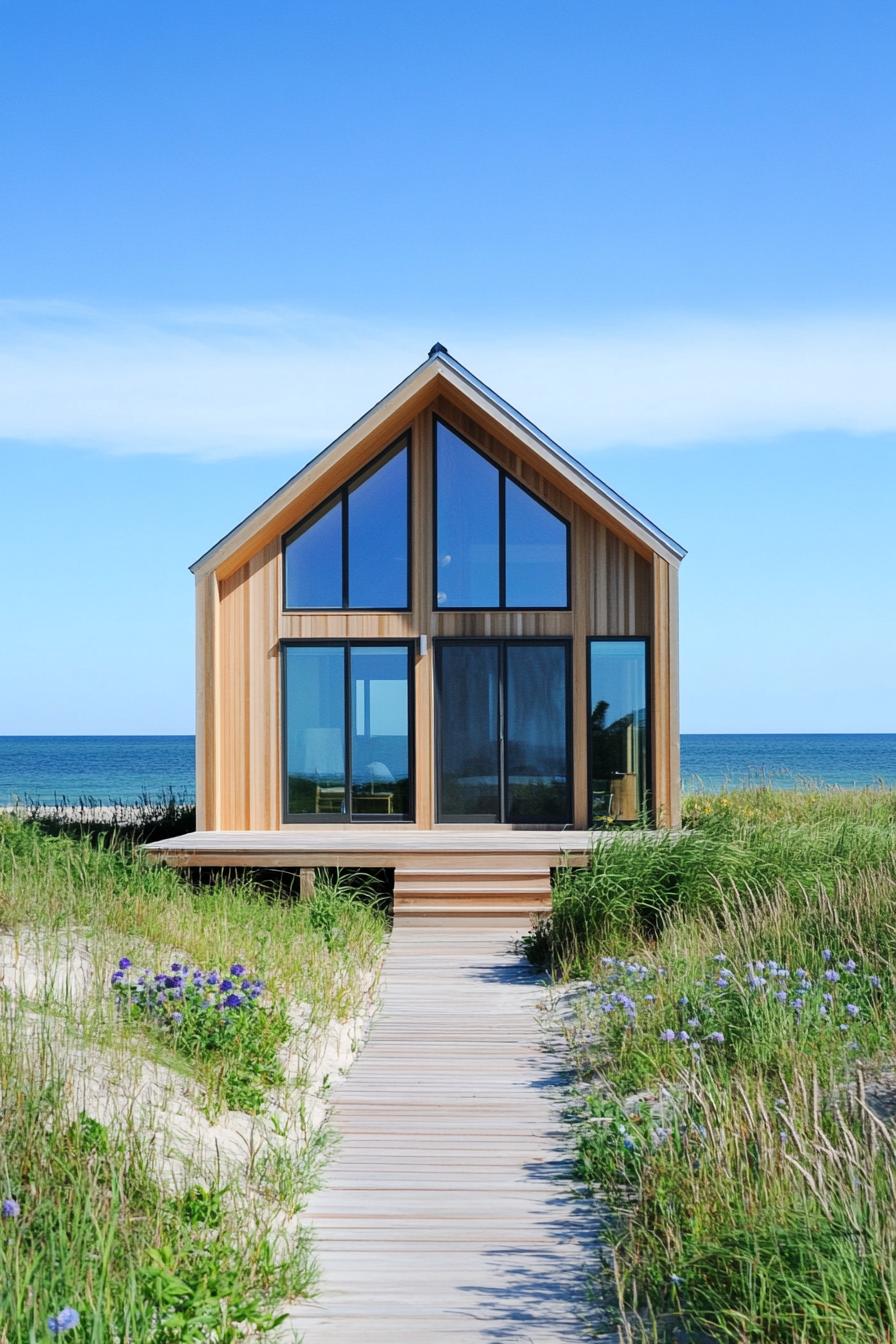 Compact beach house with large glass windows and wooden exterior