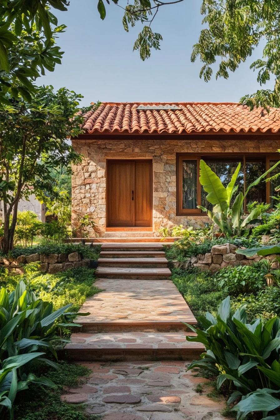 Charming stone cottage with terra cotta roof and lush garden