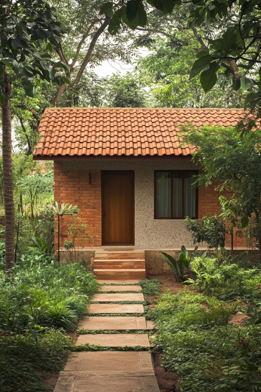 Small village house with terra cotta roof surrounded by lush greenery